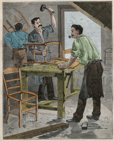 Ebenisterie: montage van stoelen in de 19e eeuw in Frankrijk. Gravure uit 1885 in 