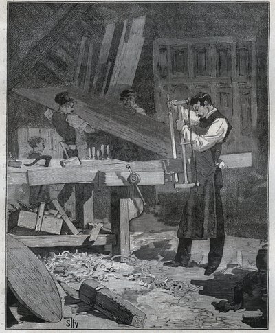 Ebenisterie: ebenist werker die een plank splijt aan de werkbank. Gravure uit 1885 in 
