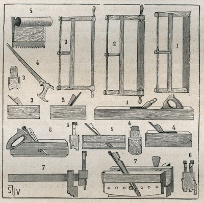 Ebenisterie: gebruikelijke gereedschappen, zagen en schaven. Gravure uit 1885 in Les arts et métiers illustrés door Adolphe Bitard. door French School