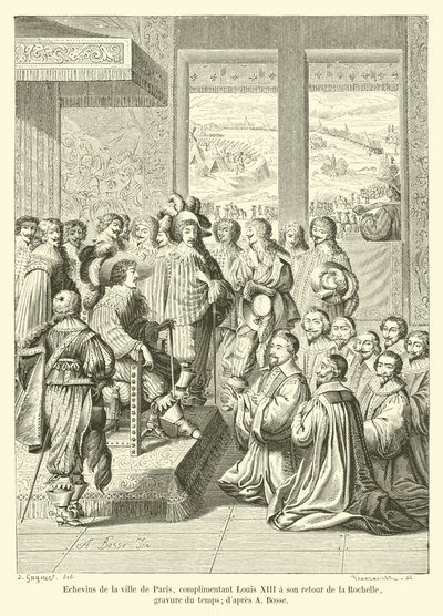 Schepenen van de stad Parijs, complimenterend Lodewijk XIII bij zijn terugkeer uit La Rochelle, gravure uit die tijd; naar A Bosse door French School