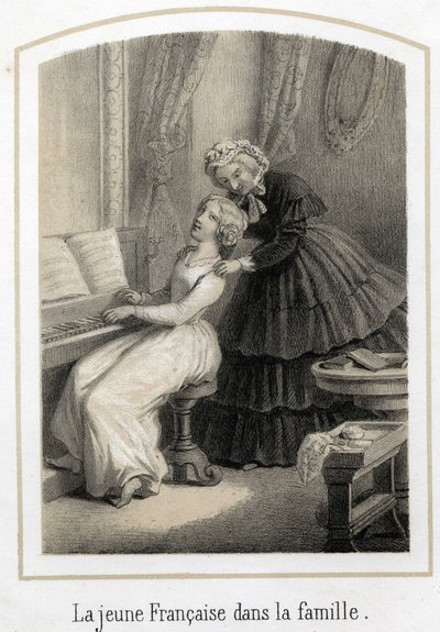 Onderwijs voor jonge meisjes uit goede families: een jonge Franse vrouw die op de piano zit, wordt overgenomen door haar huishoudster. Anonieme gravure uit de 19e eeuw. door French School