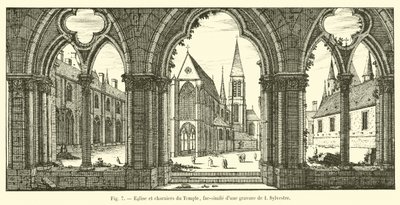 Kerk en knekelhuis van de Tempel, facsimile van een gravure van I Sylvestre door French School