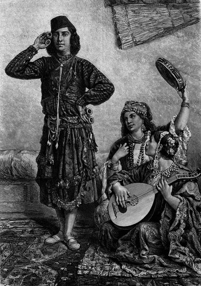Egyptische muzikanten en dansers. Man houdt cimbalen tussen zijn vingers. Gravure in 