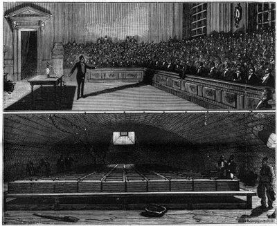 Experiment met elektrisch licht uitgevoerd in 1813 door Humphry Davy (1778-1829), in zijn scheikundecursus aan de Royal Institution of London (Engeland). Gravure in 