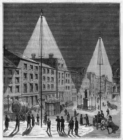 Elektrische verlichting van de stad Norwich in Engeland in de 19e eeuw - Elektrische verlichting van de stad Norwich in Engeland in de 19e eeuw - Gravure in 
