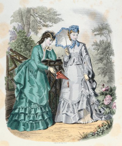 Elegante vrouwen in een tuin, uit La Mode Illustrée, 1871 door French School