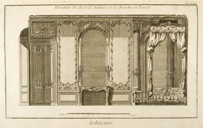 Elevatie van de schoorsteensectie van de Paradekamer, in het appartement van de Hertogin van Orléans in het Palais Royal in Parijs, uit Diderots Encyclopedie, uitgegeven 1762 door French School