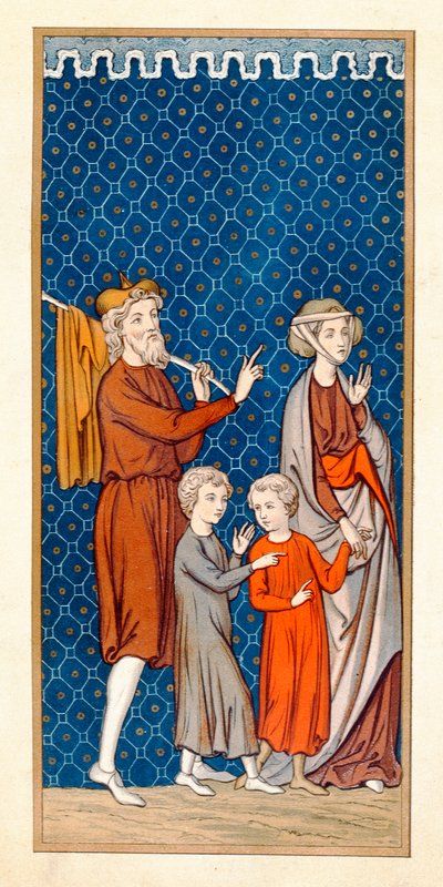 Elimelech en zijn vrouw Naomi met hun twee zonen verlaten Bethlehem na een hongersnood, kopie van een 16e-eeuwse miniatuur door French School