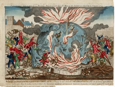 De betreurenswaardige brand van de aërostatica machine van de heren Miolan en Janinet op zondag 11 juli 1784. gepubliceerd 1784 (handgekleurde gravure) door French School