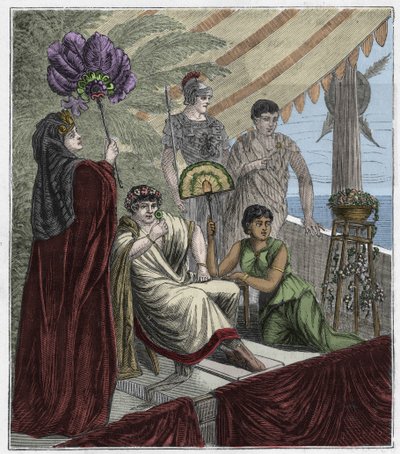 Smaragdblad gebruikt als optisch instrument door keizer Nero, keizer van Rome (54-68 AD) die gladiatorengevechten bekijkt door een concave geslepen smaragd als lens om zijn bijziendheid te corrigeren - Gravure in 