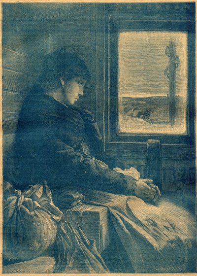 Emigreren in een trein. Gravure in 