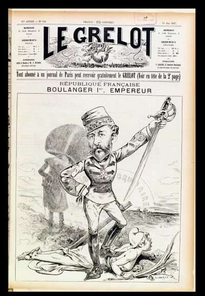Keizer Boulanger de Eerste, karikatuur van de voorpagina van Le Grelot, 29 mei 1887 door French School