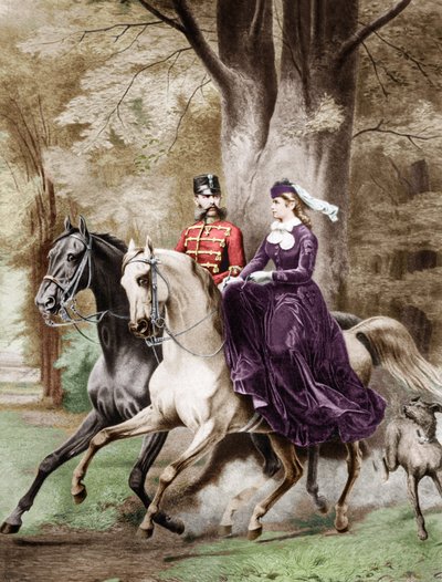 Keizer Franz Joseph de eerste en keizerin Elisabeth van Oostenrijk uit Wittelsbach te paard (gravure) door French School
