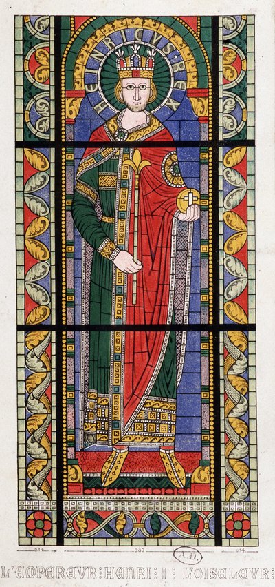 Keizer Hendrik I de Vogelaar (875 - 936). Een glas-in-loodraam van de Kathedraal van Straatsburg. door French School