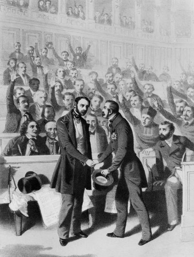 Keizer Louis Napoleon Bonaparte III (1808-73) schudt de hand van generaal Petit, bij de inspectie van het Regiment des Invalides van de Grande Armee, 24 december 1848 door French School