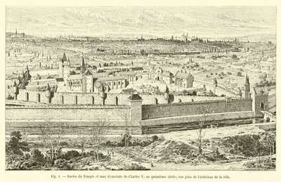 Enclos du Temple en stadsmuur van Karel V, in de vijftiende eeuw; gezien vanaf de buitenkant van de stad door French School