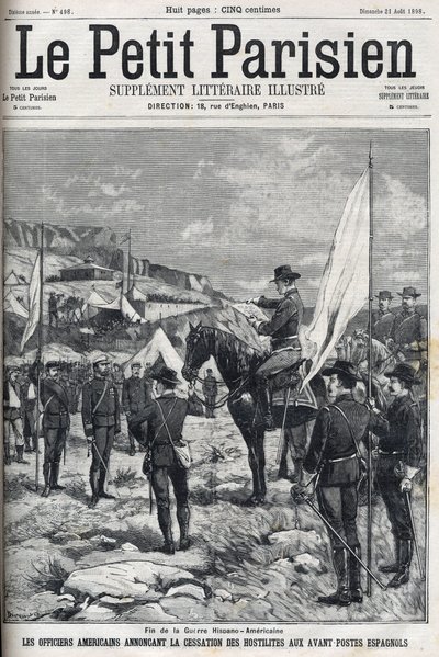 Einde van de Spaans-Amerikaanse Oorlog in 1898. Amerikaanse officieren kondigen het staken van de vijandelijkheden aan bij de Spaanse voorposten. Gravure in 