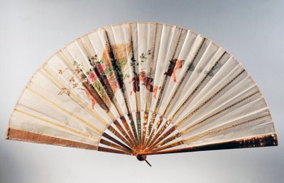 Verlovingswaaier met cherubijnen die een mand met rozen vasthouden, tempera-geschilderde organza door French School
