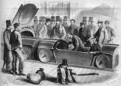 Engeland 1865: London Air Railway. De hertog van Buckingham en verschillende leden van het gezelschap begonnen de pneumatische reis. Gravure uit 1865 door French School