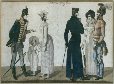 Engelse kostuums, illustratie uit Le Bon Genre, begin 19e eeuw (kleurgravure) door French School