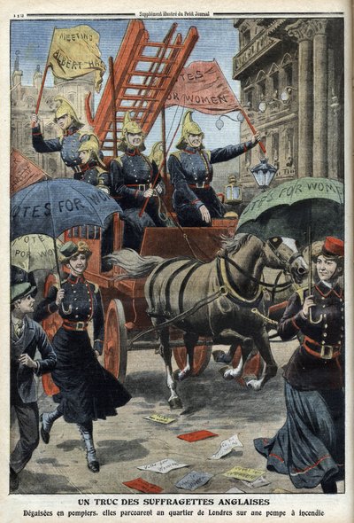 Engelse suffragettes verkleed als brandweermannen, uit 