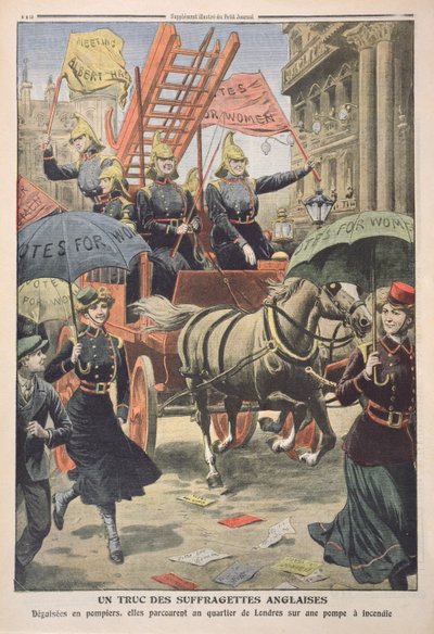 Engelse suffragettes verkleed als brandweermannen, uit Le Petit Journal, 3 april 1910 door French School