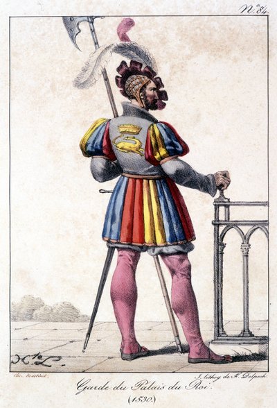 Gravure van een bewaker van het Koninklijk Paleis in 1530 door French School