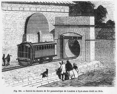Ingang van de pneumatische spoorweg van Londen naar Sydenham, opgericht in 1865 - in 