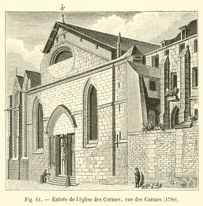 Ingang van de kerk van de Karmelieten, rue des Carmes, 1780 door French School