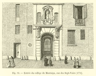 Ingang van het college van Montaigu, rue des Sept-Voies, 1779 door French School