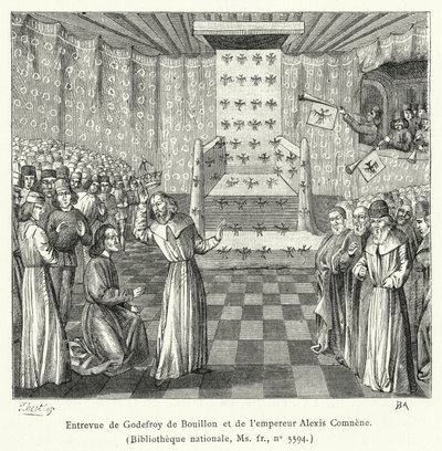 Ontmoeting van Godfried van Bouillon en keizer Alexis Comnene (gravure) door French School