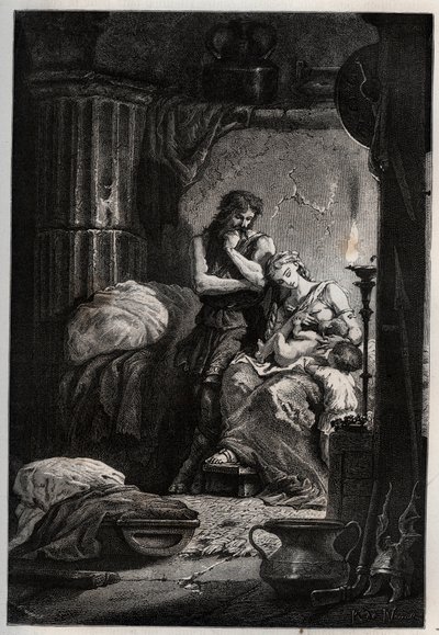 Eponine en haar man Julius Sabinus die clandestien in een grot leven om te ontsnappen aan keizer Vespasianus - Sabinus en zijn vrouw Eponine, verborgen in een grot - gravure uit 
