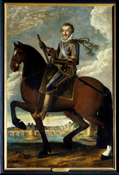 Ruiterportret van Hendrik IV, koning van Frankrijk voor de Pont Neuf in Parijs door French School
