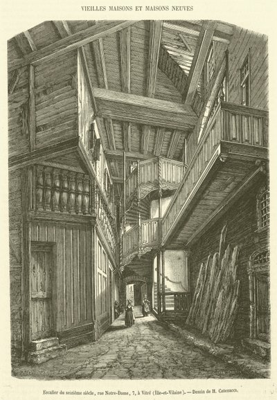 Trap uit de zestiende eeuw, rue Notre-Dame 7, in Vitré, Ille-et-Vilaine door French School