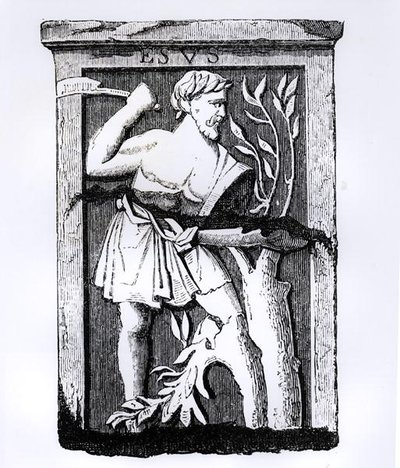 Esus, de grote god van de natuur, illustratie uit Wetenschap en Literatuur in de Middeleeuwen en Renaissance, geschreven en gegraveerd door Paul Lacroix, 1878 door French School