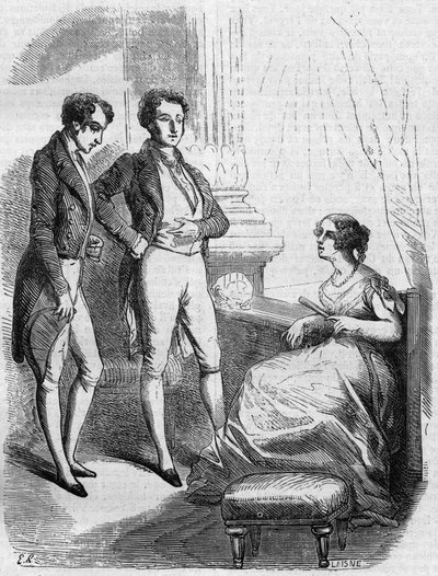 Eugène de Rastignac voorgesteld aan Madame de Nucingen door de Markies van Adjuda. Gravure midden 19e eeuw. Illustratie voor 
