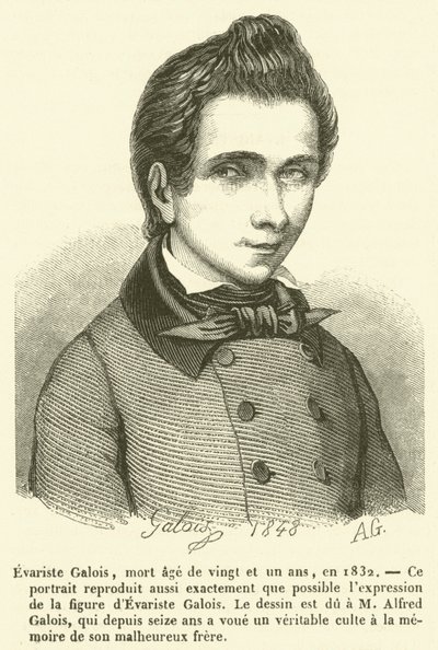 Evariste Galois, stierf op 21-jarige leeftijd, in 1832 (gravure) door French School