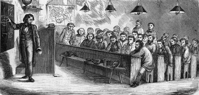Avondles op een openbare avondschool in Parijs in 1858. door French School
