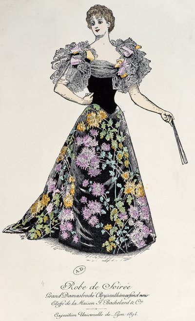 Avondjurk in damast met chrysant brokaat op een zwarte achtergrond, 1894 door French School
