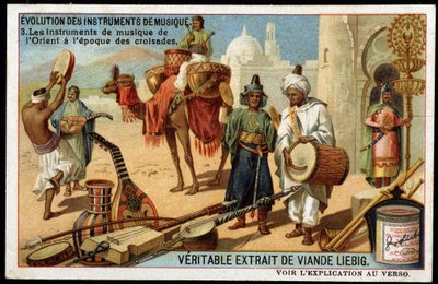 Evolutie van muziekinstrumenten: Arabische muziekinstrumenten uit het Oosten tot de tijd van de Kruistochten. Bendir, Duff, oud, Rabab en andere snaarinstrumenten, blaas- en slaginstrumenten (trommel). Eind 19e eeuw liebig chromolithografie door French School