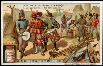 Evolutie van muziekinstrumenten: De instrumenten van de lansquenets in de 15e eeuw. Militaire trom, fluit, driehoek, trompet, een soort doedelzak en andere snaarinstrumenten. Eind 19e eeuw liebig chromolithografie. door French School