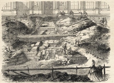 Opgravingen in de Cour Carrée du Louvre - Ontdekking van de fundamenten van de voormalige toren van Philippe Auguste - Opgravingen uitgevoerd in de binnenplaats van het Louvre - blootlegging van de fundamenten van de voormalige Tour Philippe-Auguste - Grav door French School