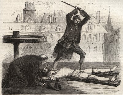 Executie (Le torice de la roue) van de vergiftiger Antoine-Francois Desrues (1744-1777) op de Place des Greves in Parijs in 1777 - Straf van Desrues, gebroken op het rad op de Place de Greve in Parijs door French School