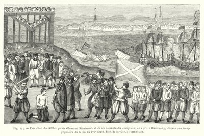 Executie van de beroemde Duitse piraat Stoerteneck en zijn zeventig medeplichtigen, in 1402, in Hamburg; naar een volksprent uit de late 16e eeuw, bibliotheek van de stad, in Hamburg door French School