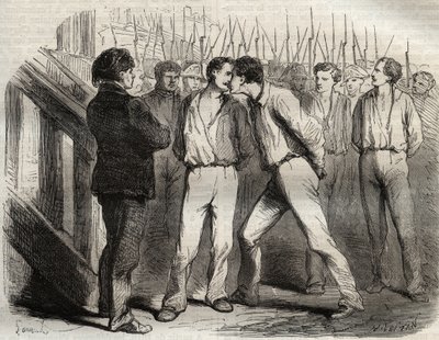 Executie van de vier sergeanten van La Rochelle op 21 september 1822: Bories, Raoulx, Gaubin, Pommier - Raoulx, die als eerste zou worden geëxecuteerd, vroeg om zijn kameraden te omhelzen - Gravure in 