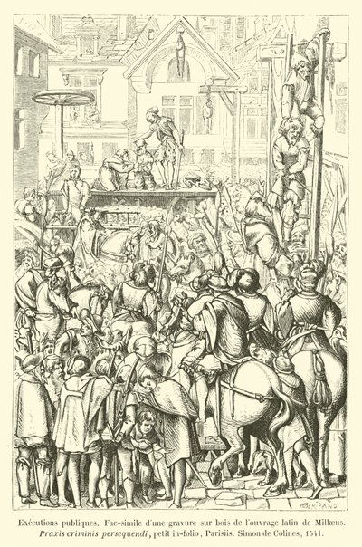 Openbare executies, facsimile van een houtsnede uit het Latijnse werk van Millaeus, Praxis criminis persequendi, klein in-folio, Parijs, Simon de Colines, 1541 door French School