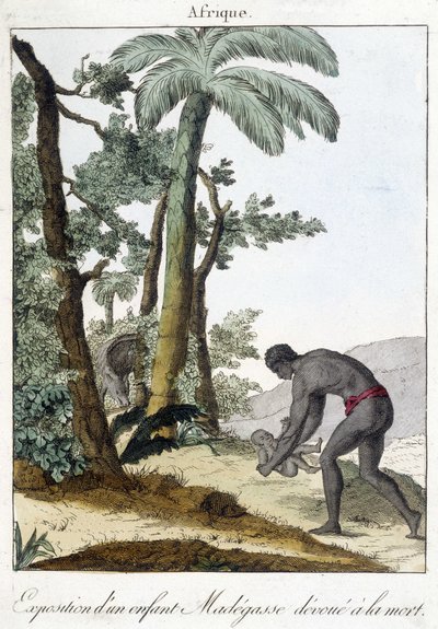 Tentoonstelling van een Madegasse-kind gewijd aan de dood. 1811 door French School