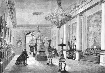 Tentoonstelling van de Chinese curiosa geschonken aan de keizer door het expeditieleger, illustratie uit Le Monde Illustre, 1861 door French School