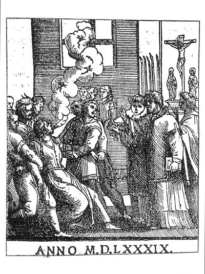 Bezetenheidsscène in 1589 door French School