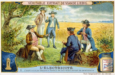 Experiment van Benjamin Franklin met vliegende herten als bliksemafleider - Liebig reclame sticker door French School